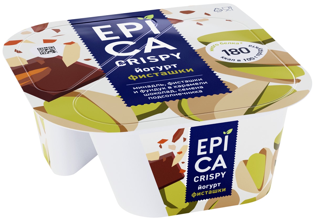 Йогурт Epica Crispy Фисташки 4.8% + Смесь из семян орехов и темного ...