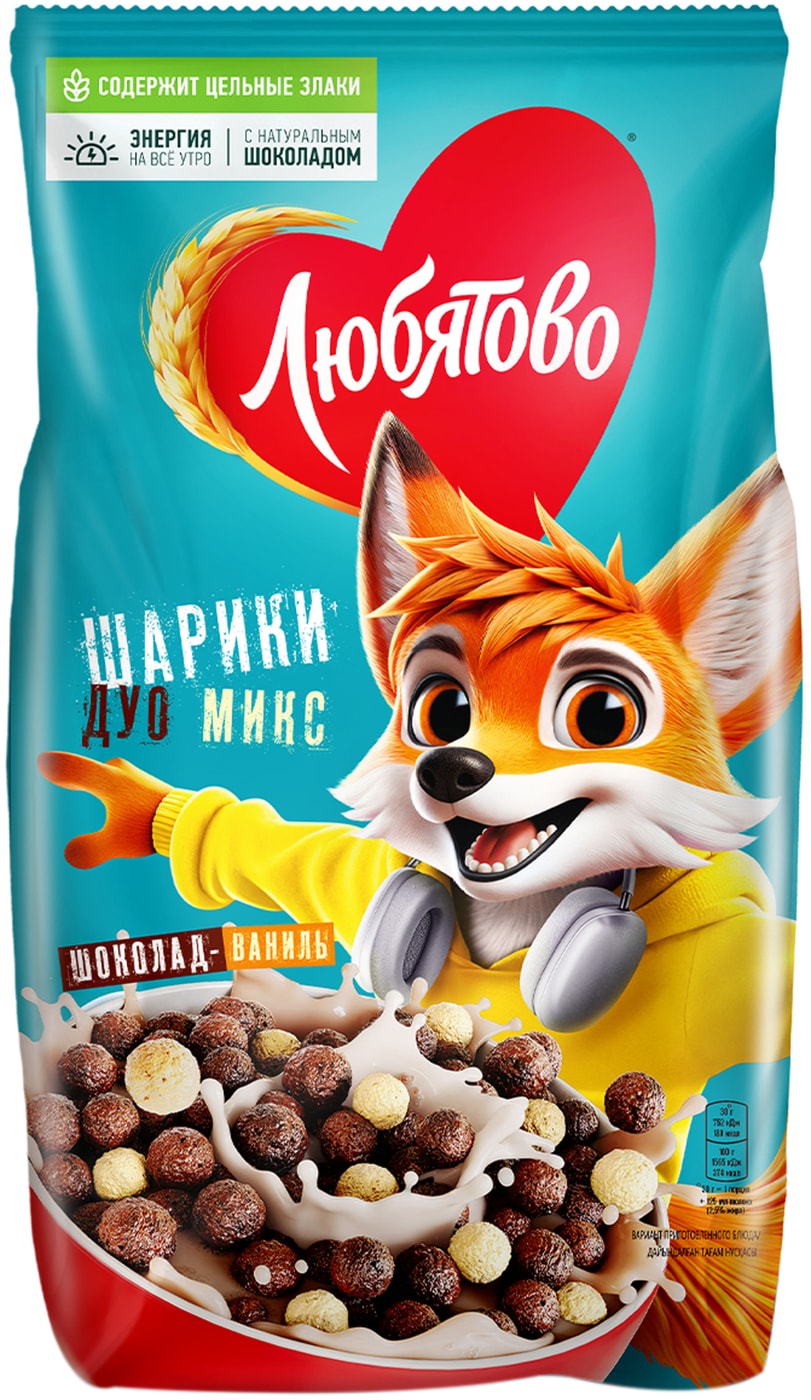 Изображение товара Готовый завтрак Любятово Шарики шоколадные Дуо Микс 200г