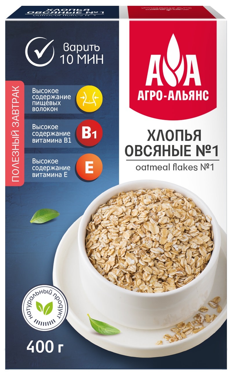 Изображение товара Овсяные хлопья Агро-Альянс №1 400г натуральный продукт для завтрака