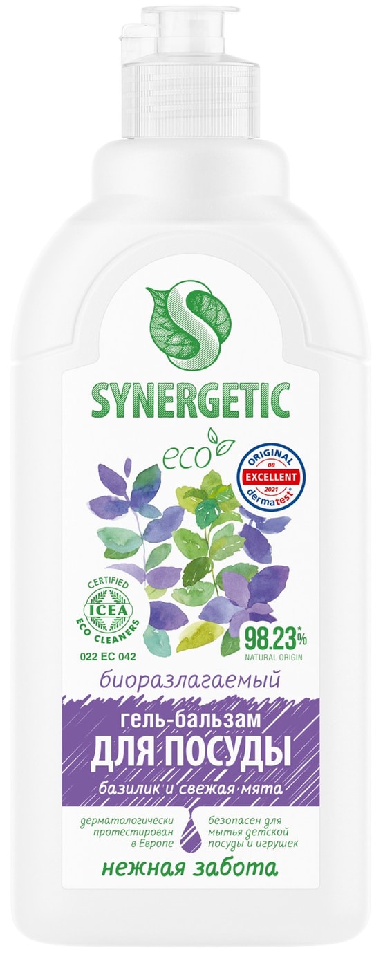 Изображение товара Гель-бальзам для мытья посуды и детских игрушек Synergetic Базилик и свежая мята 500мл