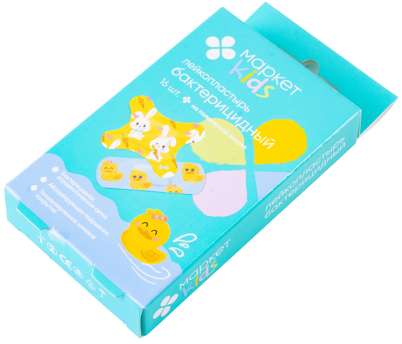 Изображение товара Лейкопластырь Маркет Kids бактерицидный на полимерной основе с рисунками 16шт