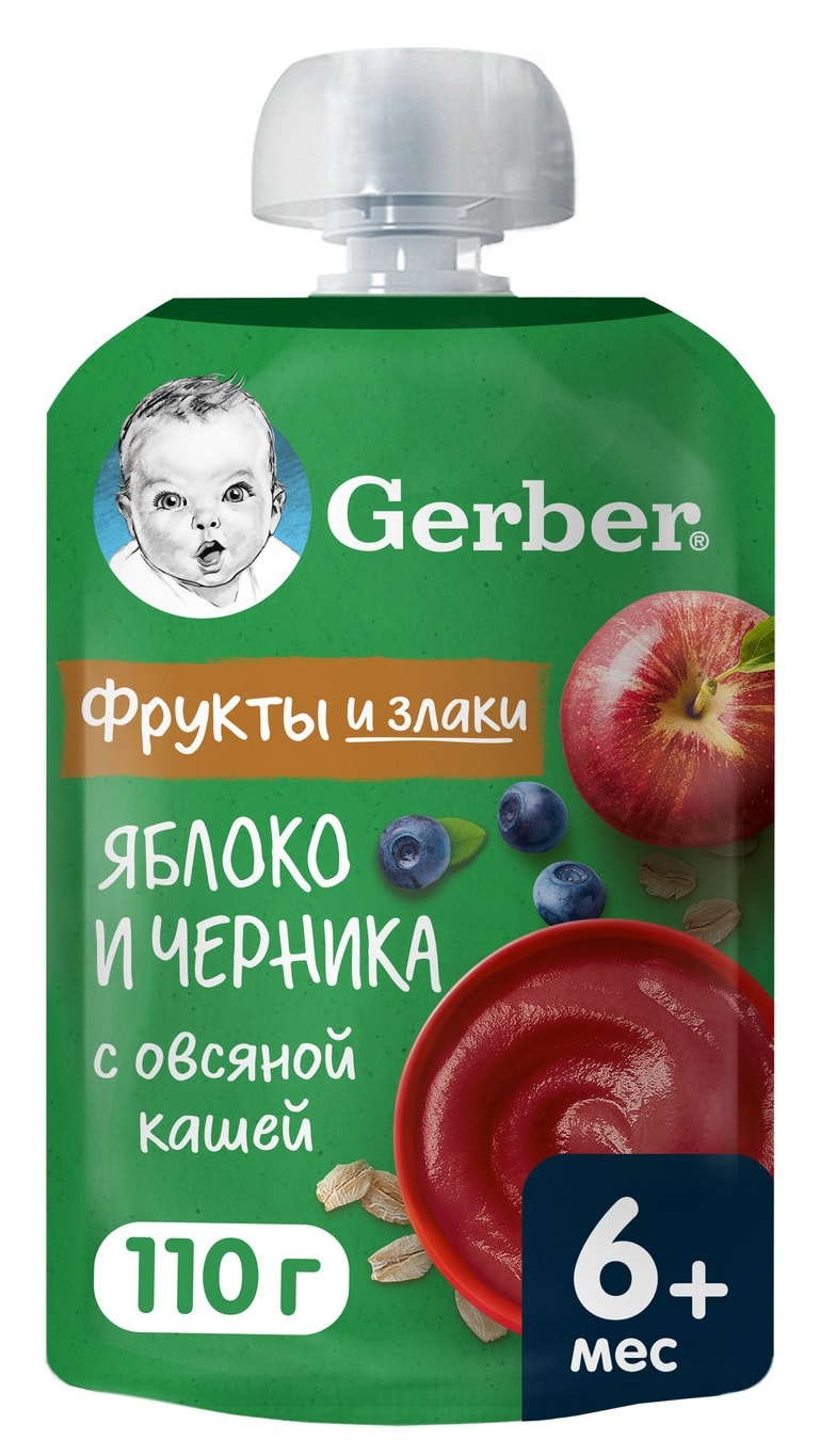 Изображение товара Пюре детское фруктовое Gerber Яблоко черника с овсяной кашей с 6 месяцев 110г Изображение товара Пюре детское фруктовое Gerber Яблоко черника с овсяной кашей с 6 месяцев 110г