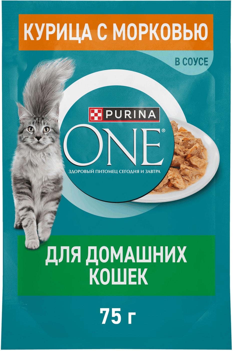 Изображение товара Влажный корм для кошек Purina ONE для домашних с курицей и морковью в соусе 75г
