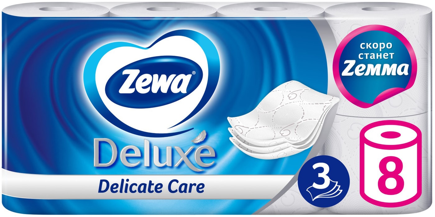 Изображение товара Туалетная бумага Zewa Deluxe 8 рулонов 3 слоя в ассортименте Изображение товара Туалетная бумага Zewa Deluxe 8 рулонов 3 слоя в ассортименте