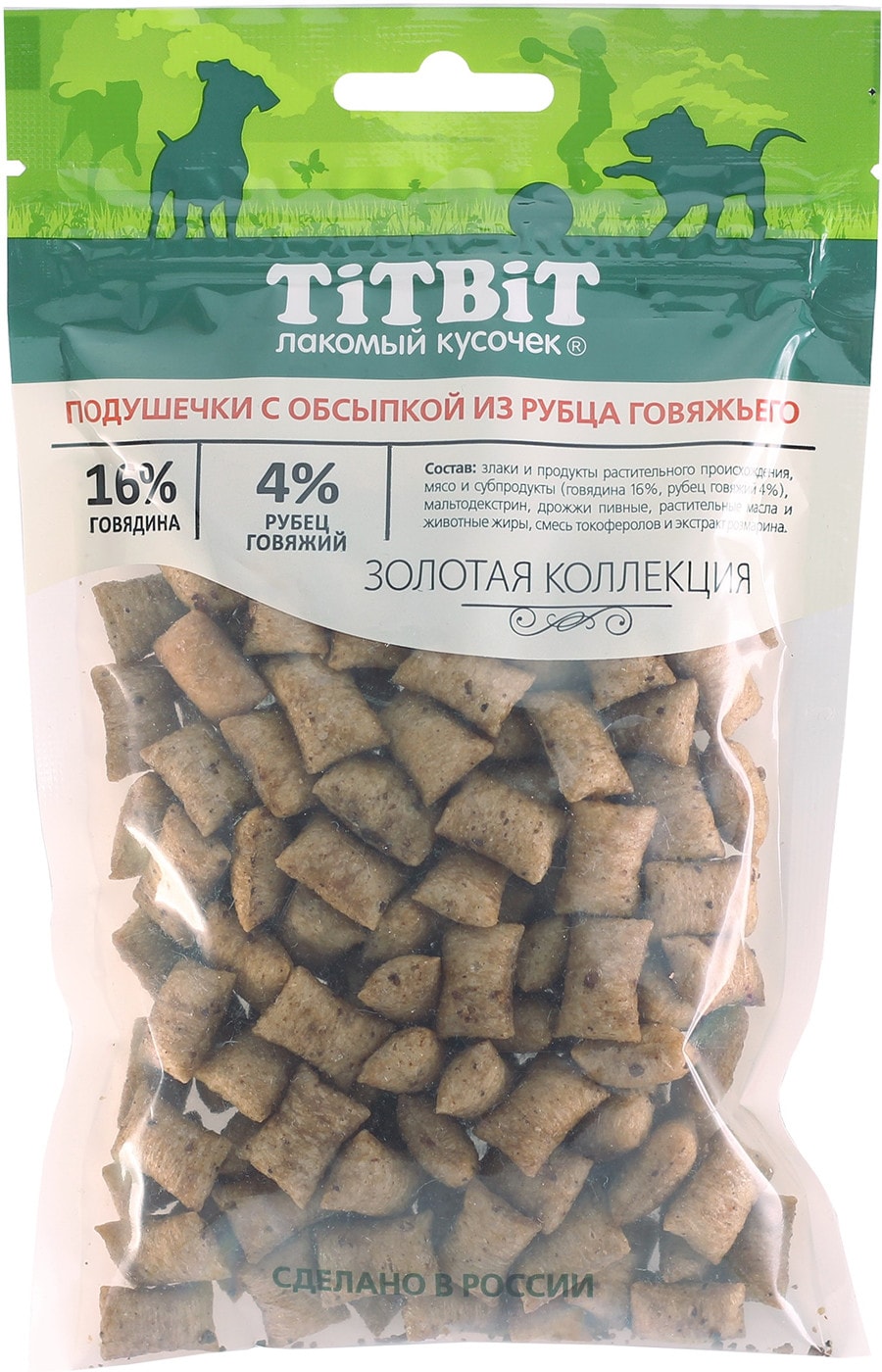 Изображение товара Лакомство для собак TiTBiT Подушечки глазированные с обсыпкой из говяжьего рубца 80г