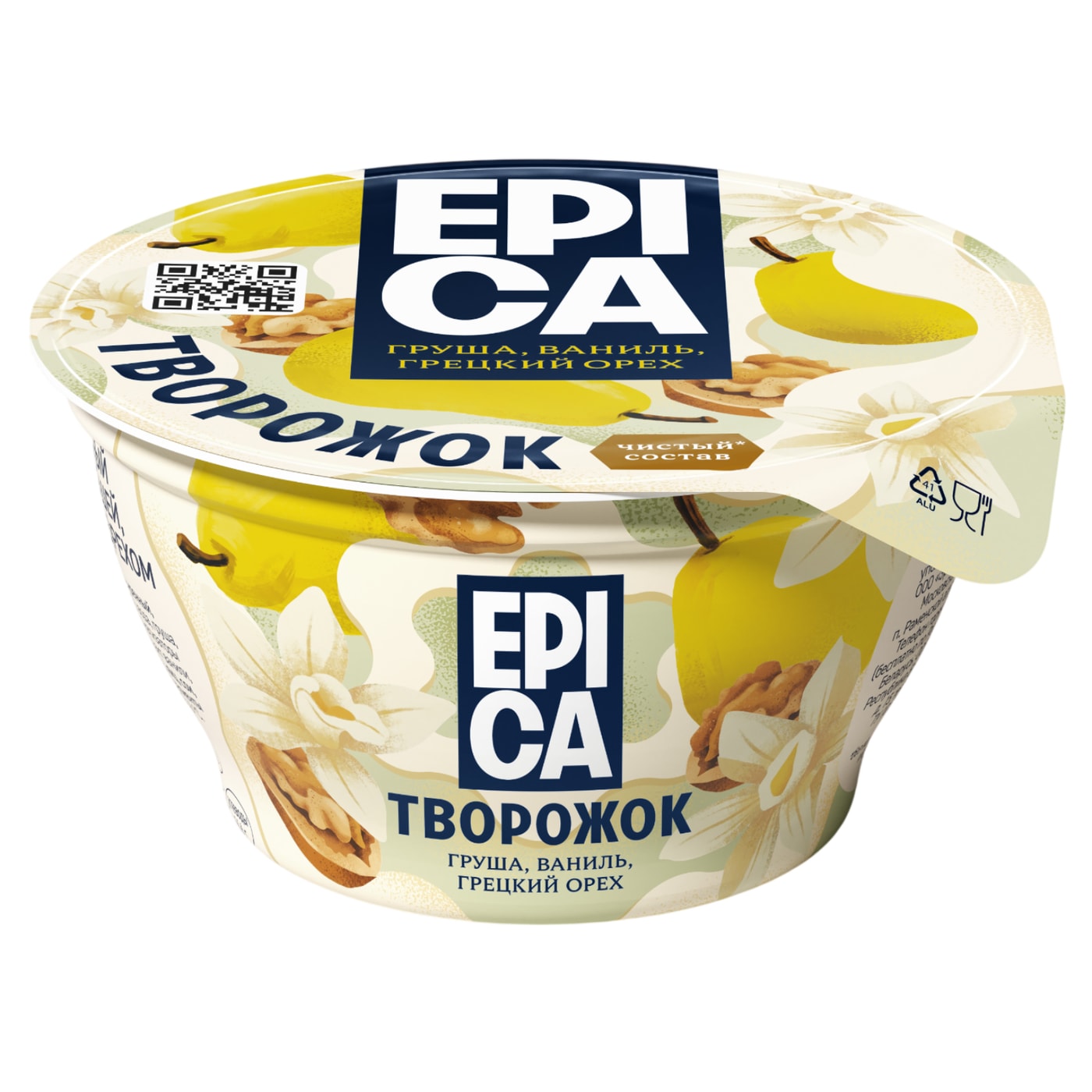 Изображение товара Десерт Epica Творожок с грушей ванилью и грецким орехом 8% 130г Изображение товара Десерт Epica Творожок с грушей ванилью и грецким орехом 8% 130г