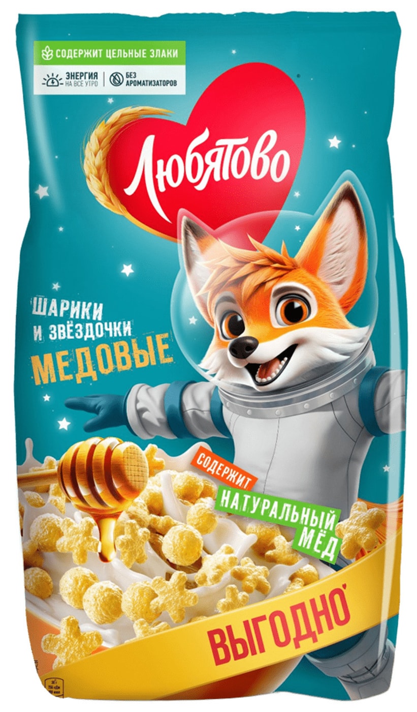 Изображение товара Сухой завтрак Любятово Медовые шарики и звездочки 420г