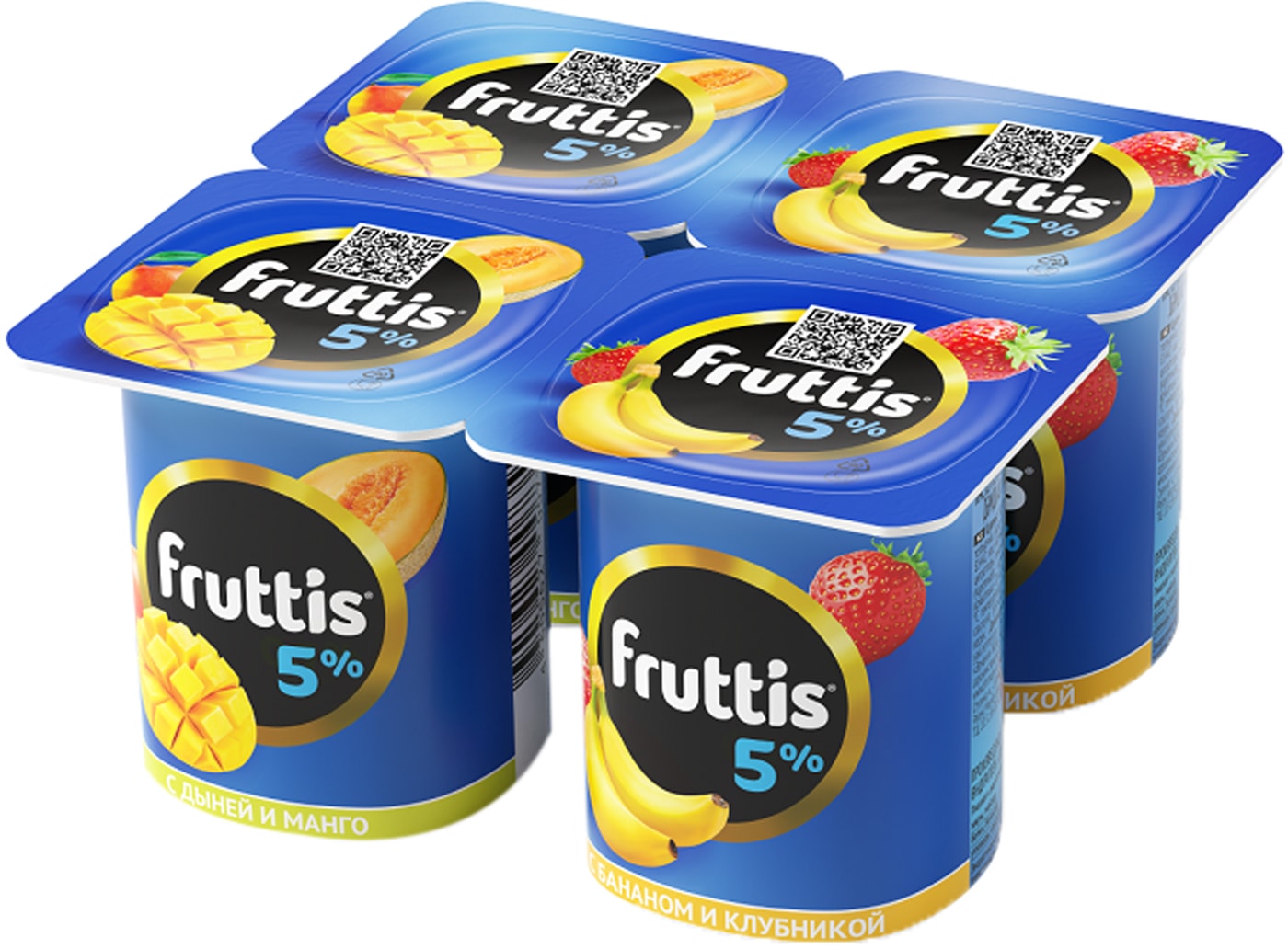 Изображение товара Продукт йогуртный Fruttis Сливочное лакомство Дыня-Манго Банан-Клубника 5% 4шт*115г