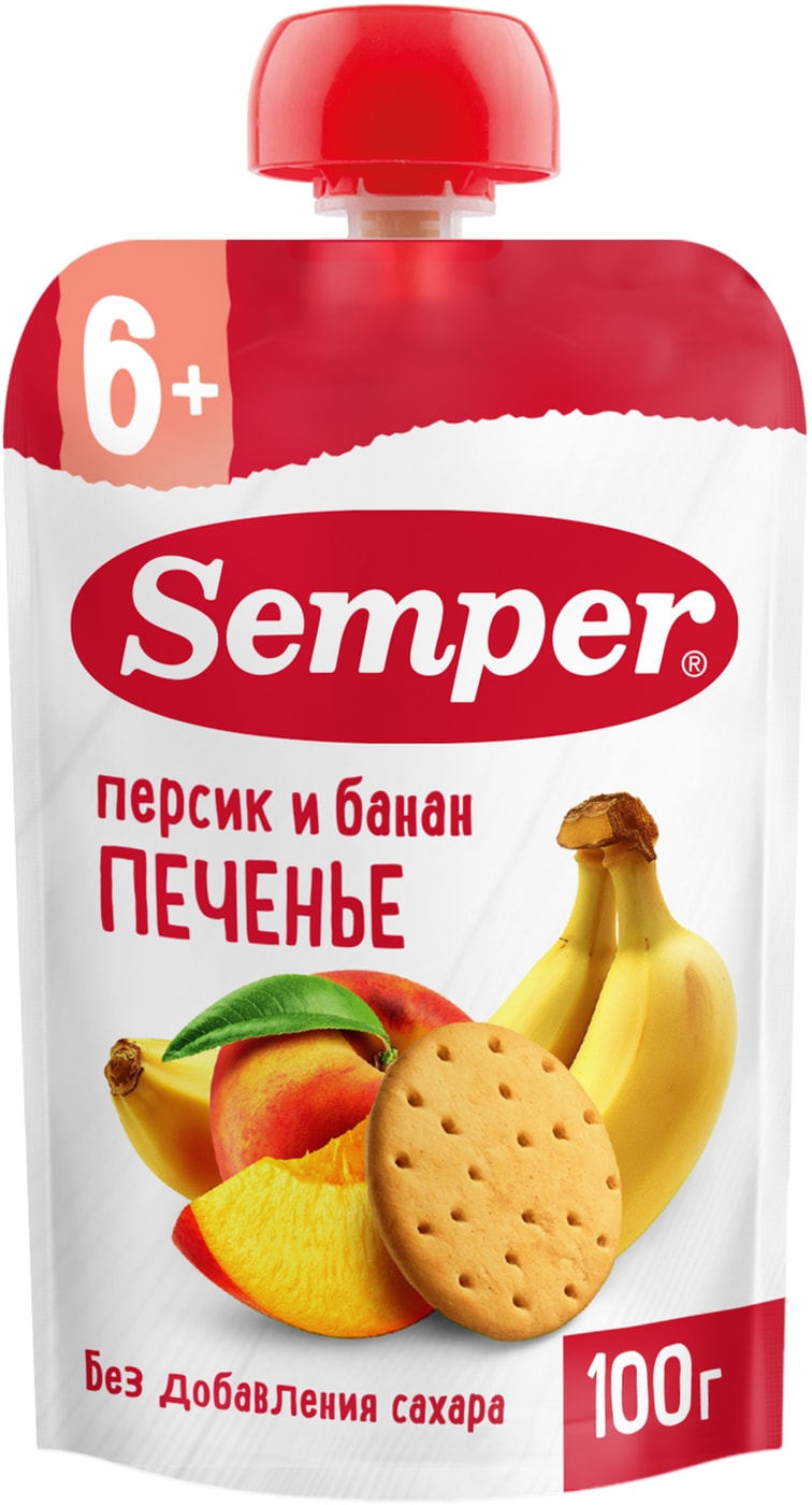 Изображение товара Пюре фруктовое Semper Персик и банан с печеньем для детей с 6 месяцев 100г
