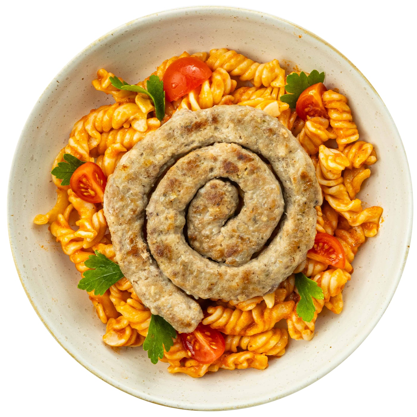 Изображение товара Колбаски AlphaChef из рубленой говядины с пастой и томатным соусом 300г