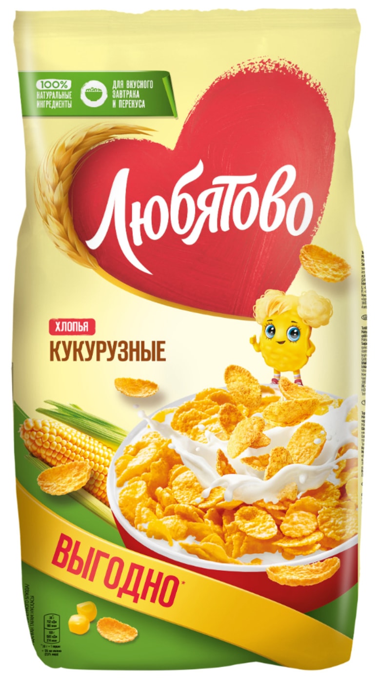 Изображение товара Хлопья Любятово Кукурузные 600 г легкий вкус и хрустящая текстура