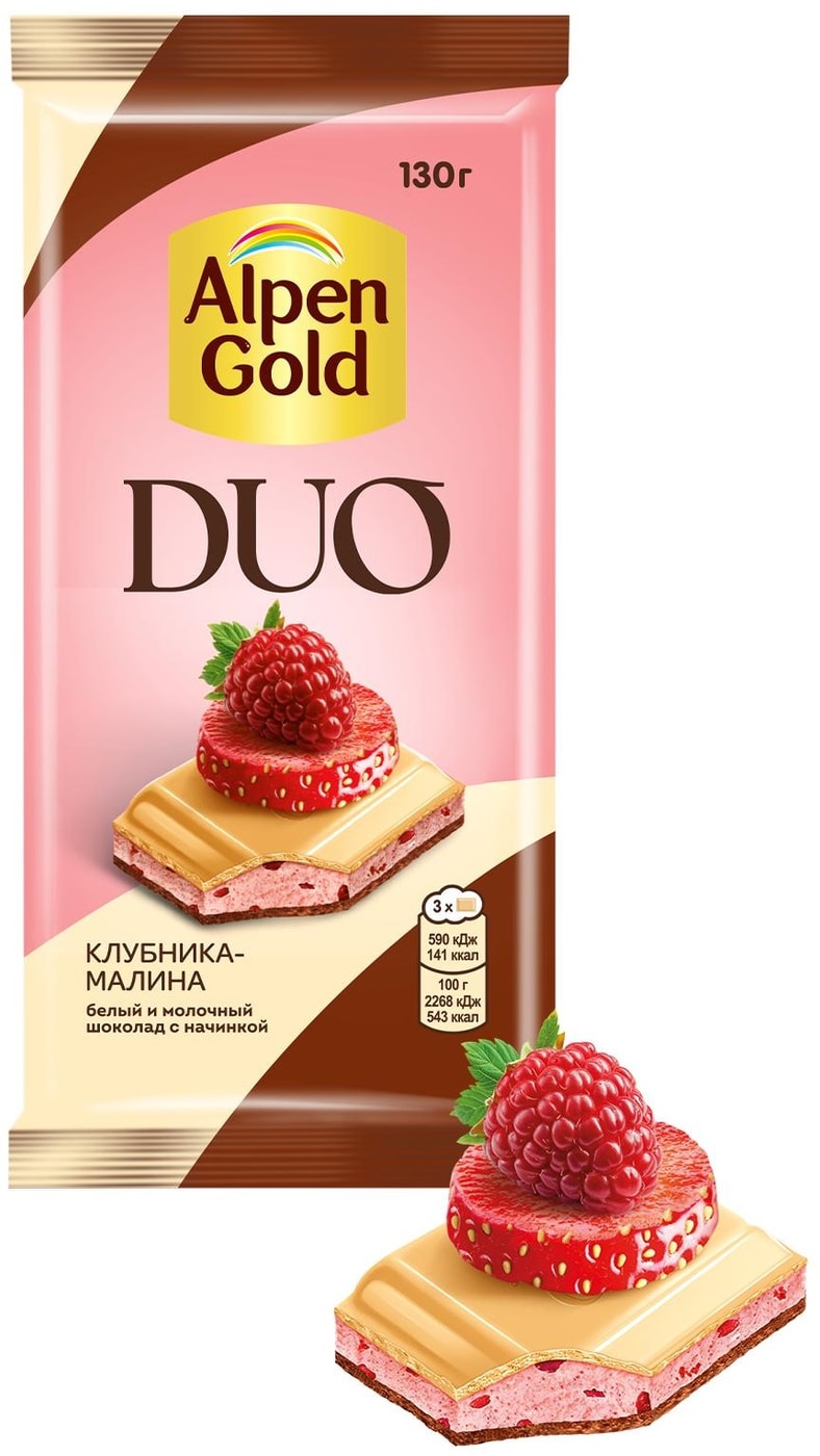 Изображение товара Шоколад Alpen Gold Белый и Молочный Duo с клубникой и малиной 130 г