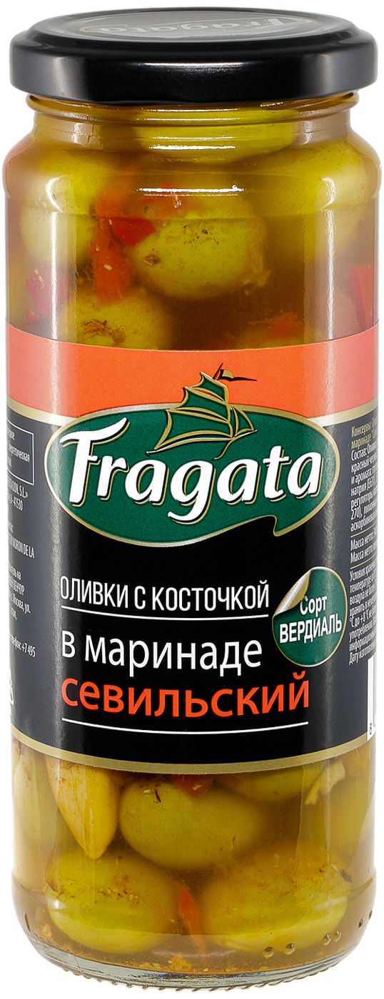 Изображение товара Оливки Fragata Севильский в маринаде с косточкой 340г стеклянная банка