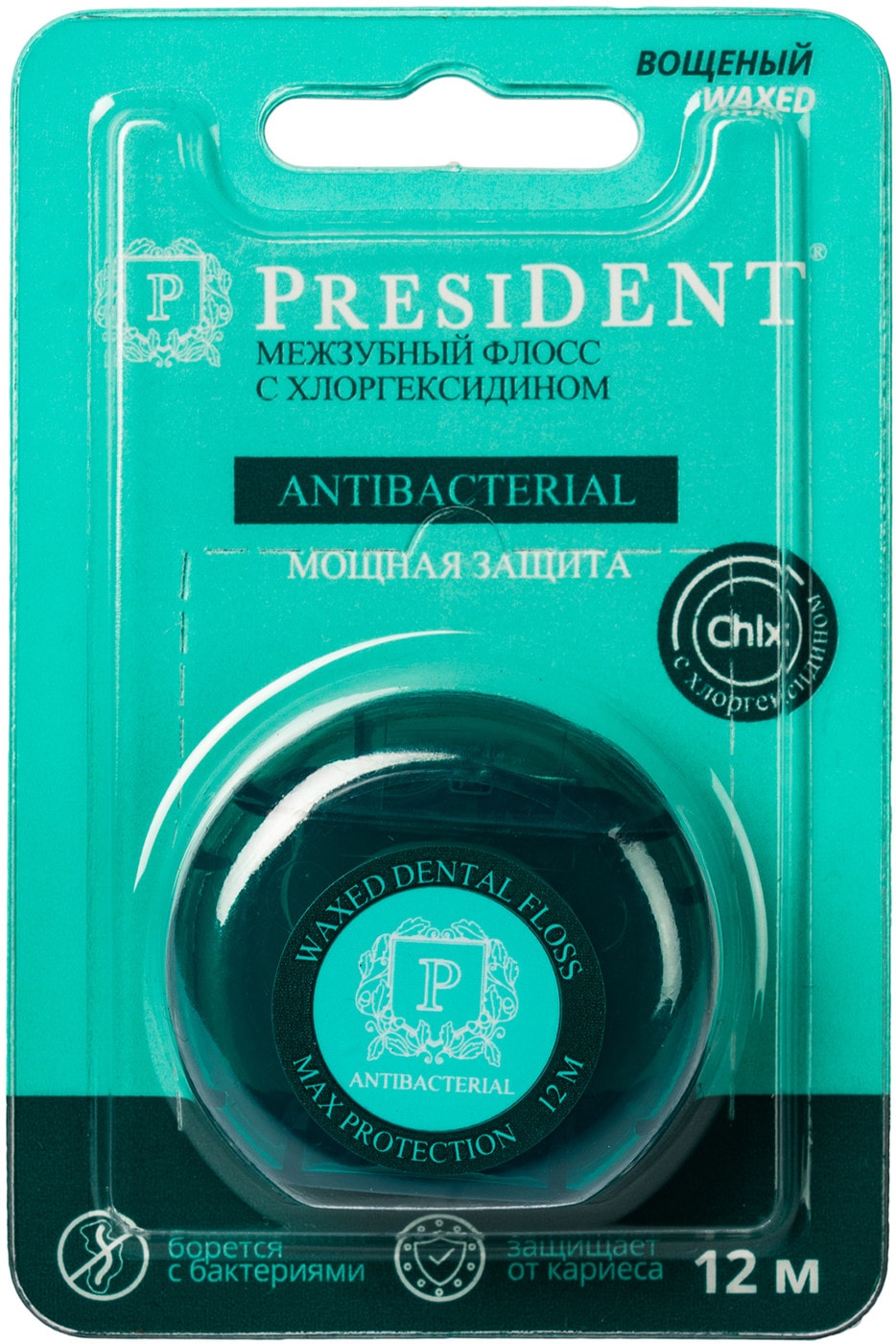 Изображение товара Зубная нить President Antibacterial с хлоргексидином 12м