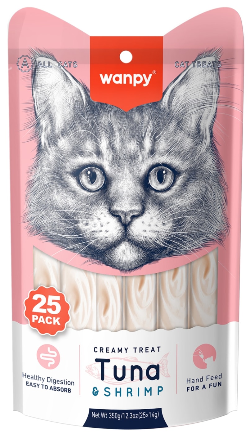 Изображение товара Лакомство для кошек Wanpy Cat нежное пюре из тунца и креветок 70г натуральное мягкое питание