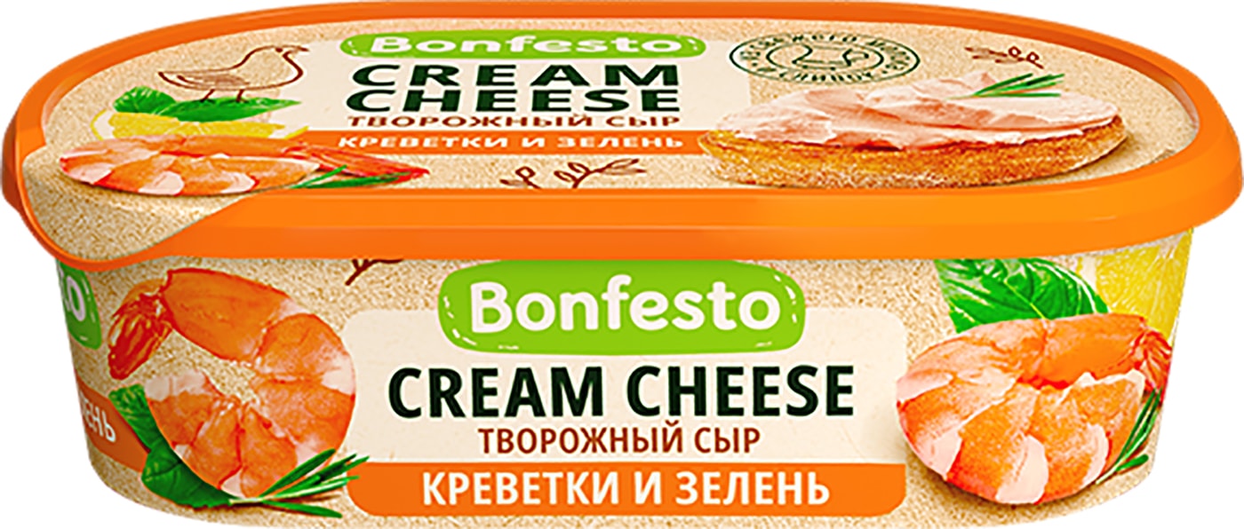 Изображение товара Сыр Bonfesto Кремчиз креветки с зеленью 65% 140г