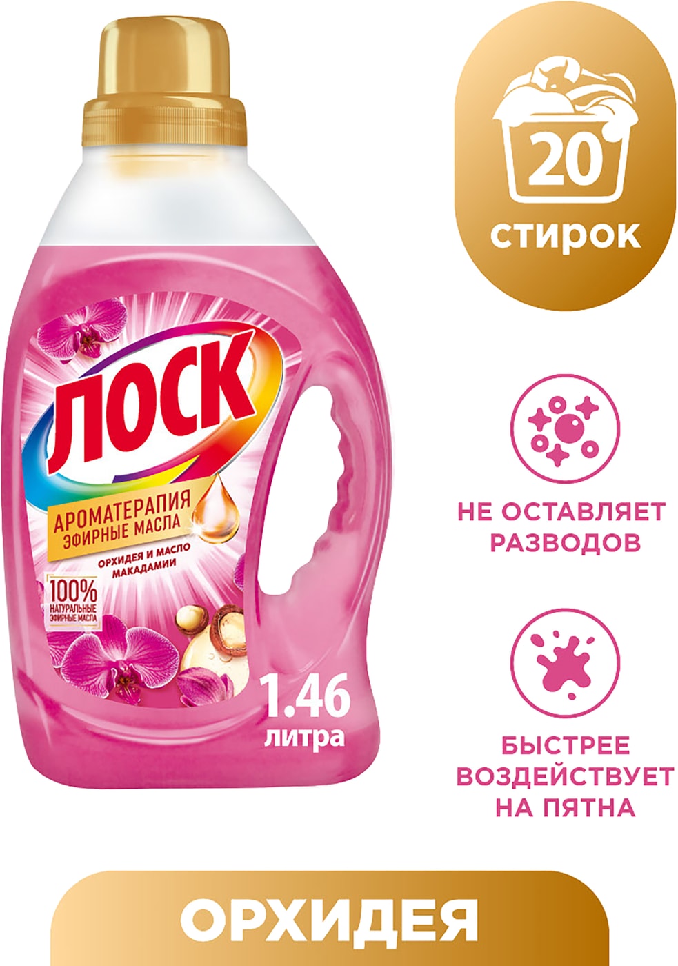 Изображение товара Гель для стирки Лоск Ароматерапия Орхидея и Масло макадамии для цветного и белого белья 1.46л 20 стирок
