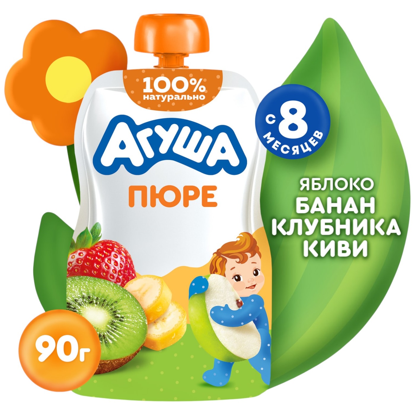 Изображение товара Пюре Агуша Яблоко-Клубника-Банан-Киви 90г