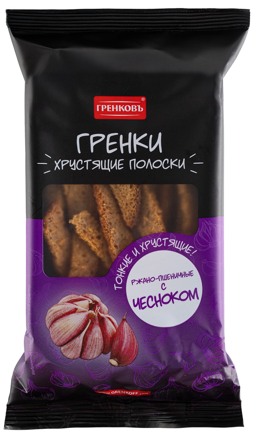 Изображение товара Гренки Гренковъ ржано-пшеничные Хрустящие полоски с чесноком 70г