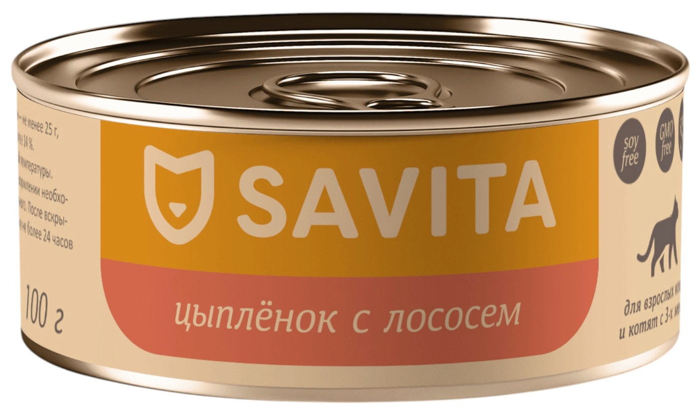 Изображение товара Влажный корм для кошек и котят Savita Цыпленок с лососем 100г