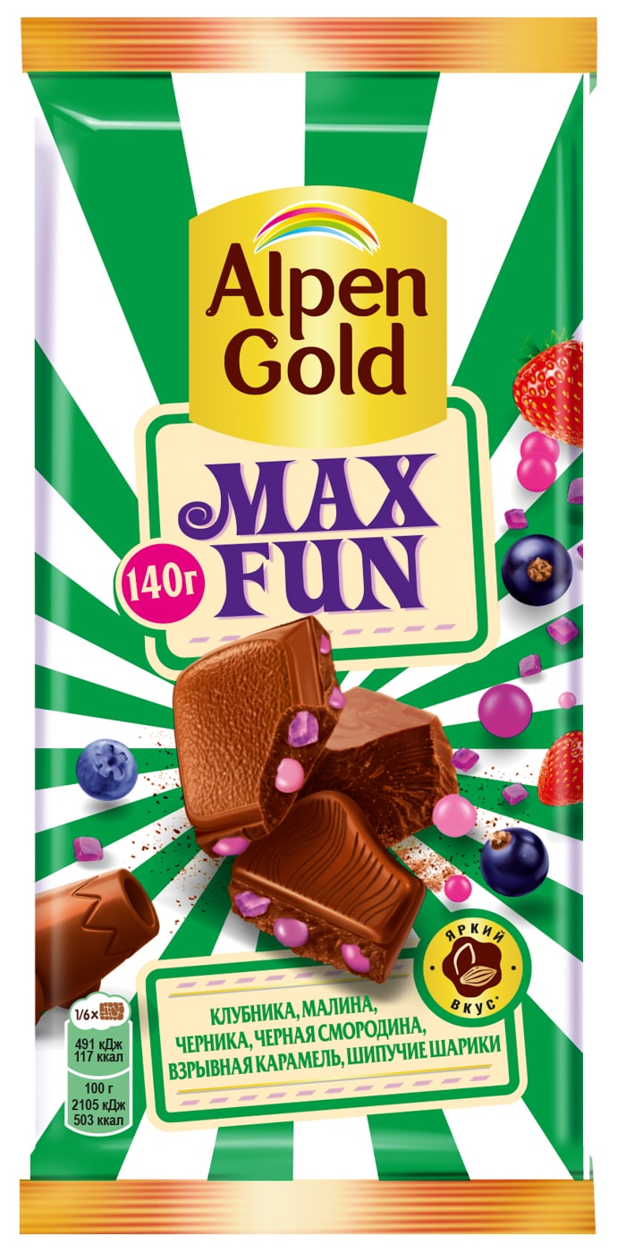 Изображение товара Шоколад Alpen Gold Max Fan Молочный Клубника Малина Черника Черная смородина Шипучие рисовые шарики Взрывная карамель 140г