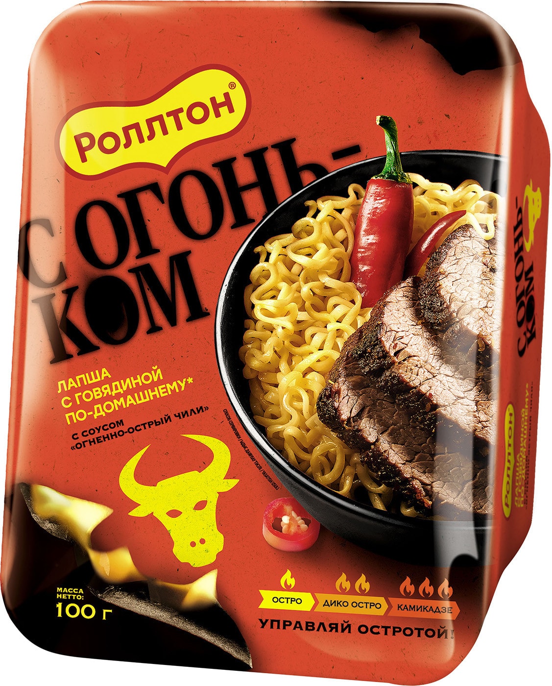 Изображение товара Лапша Роллтон со вкусом говядины с огненно-острым чили 100г