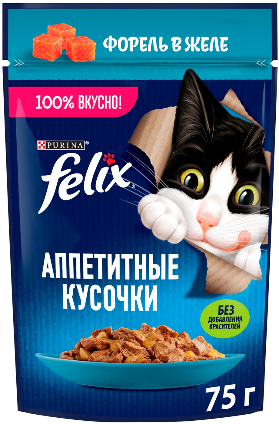 Изображение товара Влажный корм для кошек Felix Аппетитные кусочки с форелью в желе 75г