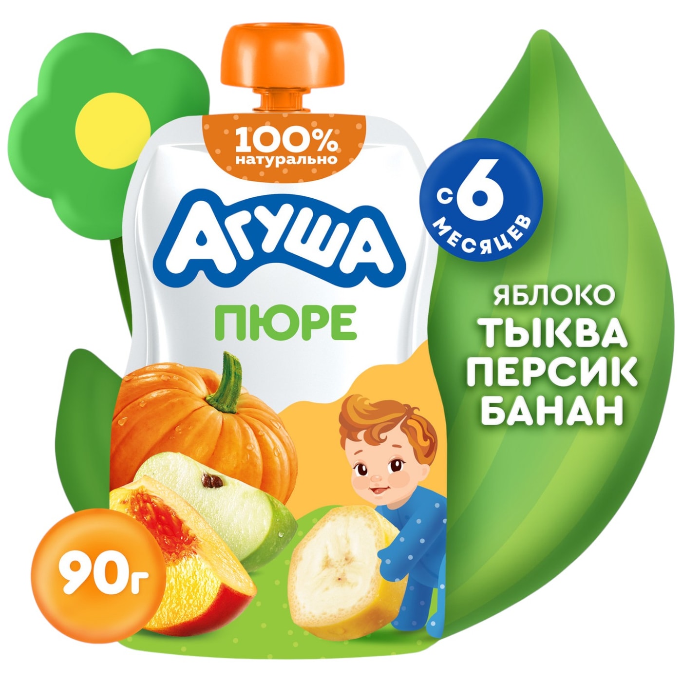 Изображение товара Пюре Агуша Яблоко Тыква Персик Банан 90г