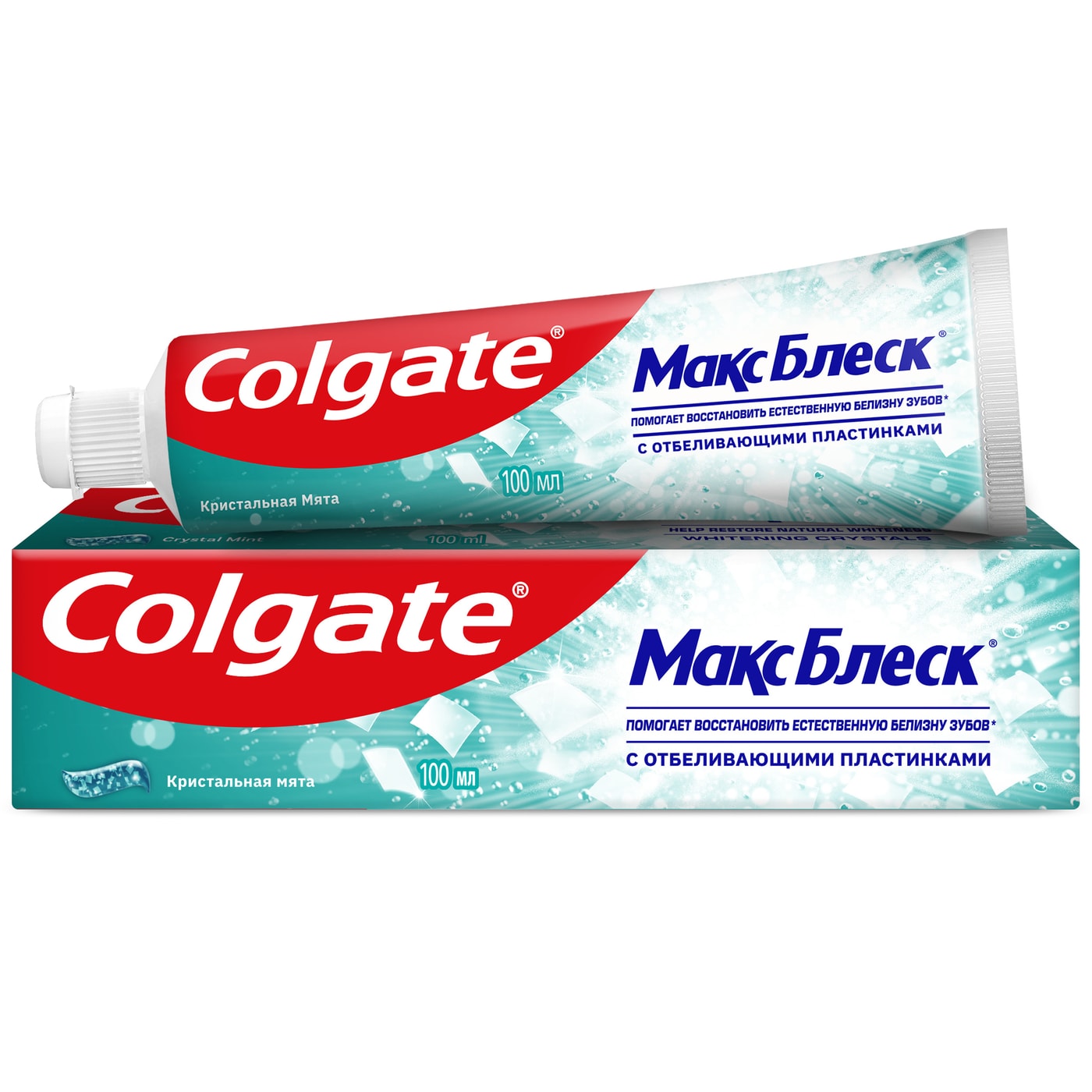 Изображение товара Зубная паста Colgate Макс Блеск Кристальная мята с отбеливающими пластинками для свежего дыхания и отбеливания зубов 100мл Изображение товара Зубная паста Colgate Макс Блеск Кристальная мята с отбеливающими пластинками для свежего дыхания и отбеливания зубов 100мл