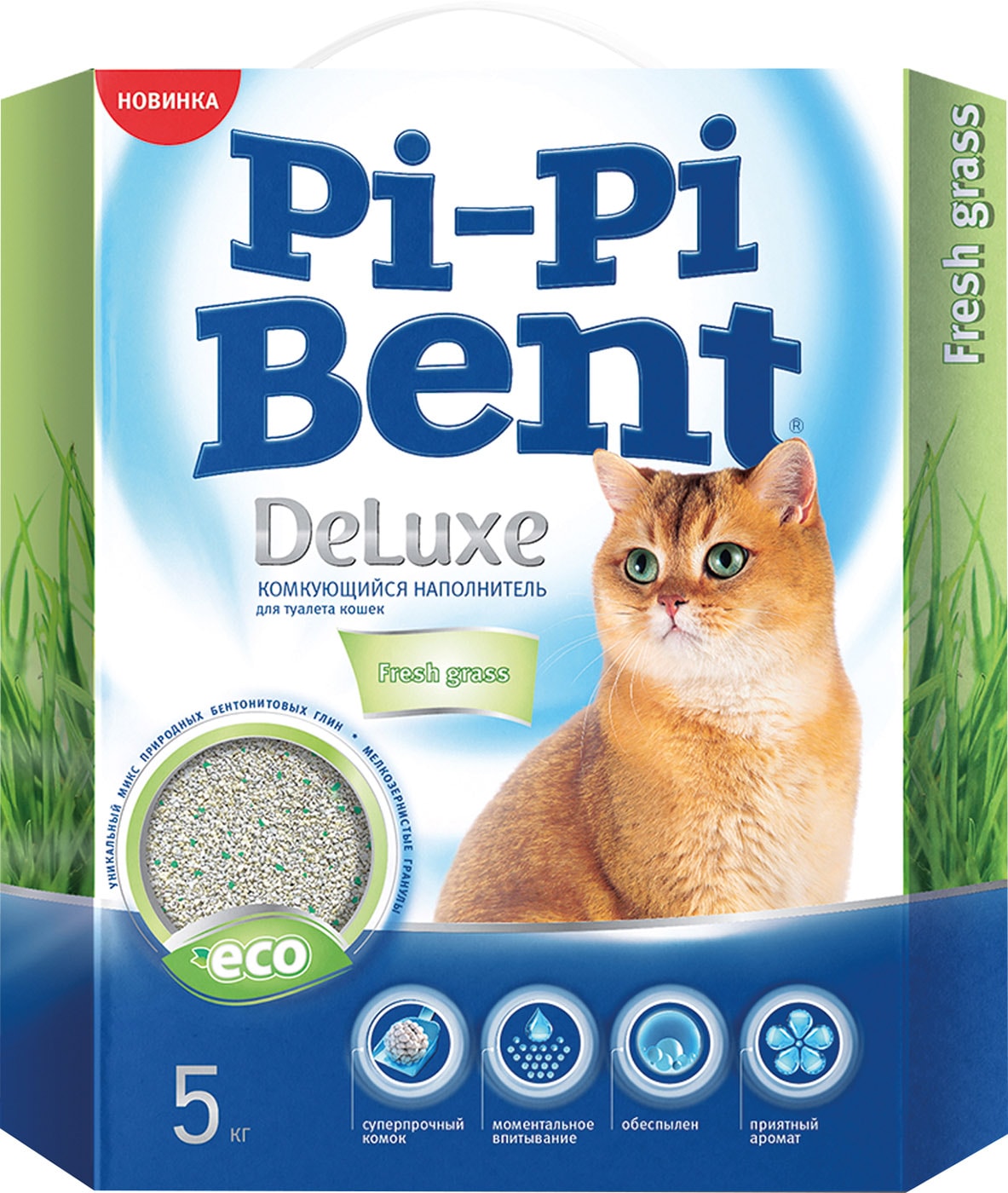Изображение товара Наполнитель для кошачьего туалета Pi-Pi Bent DeLuxe комкующийся Fresh grass 5кг