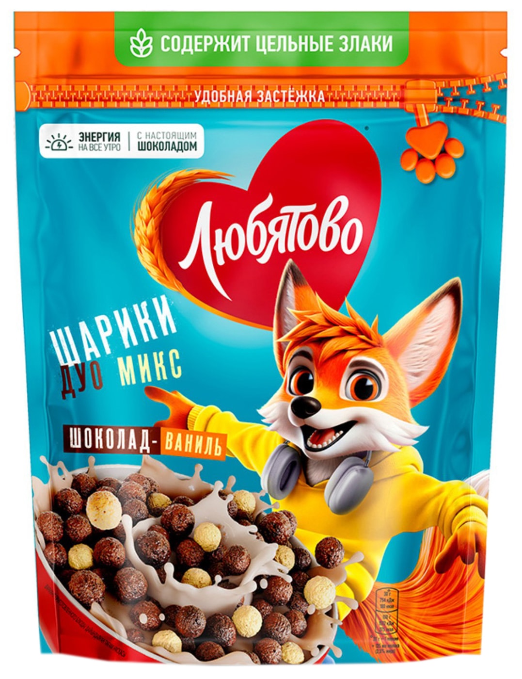 Изображение товара Любятово Шарики шоколадные Дуо Микс 200г сухой завтрак с злаками и шоколадом