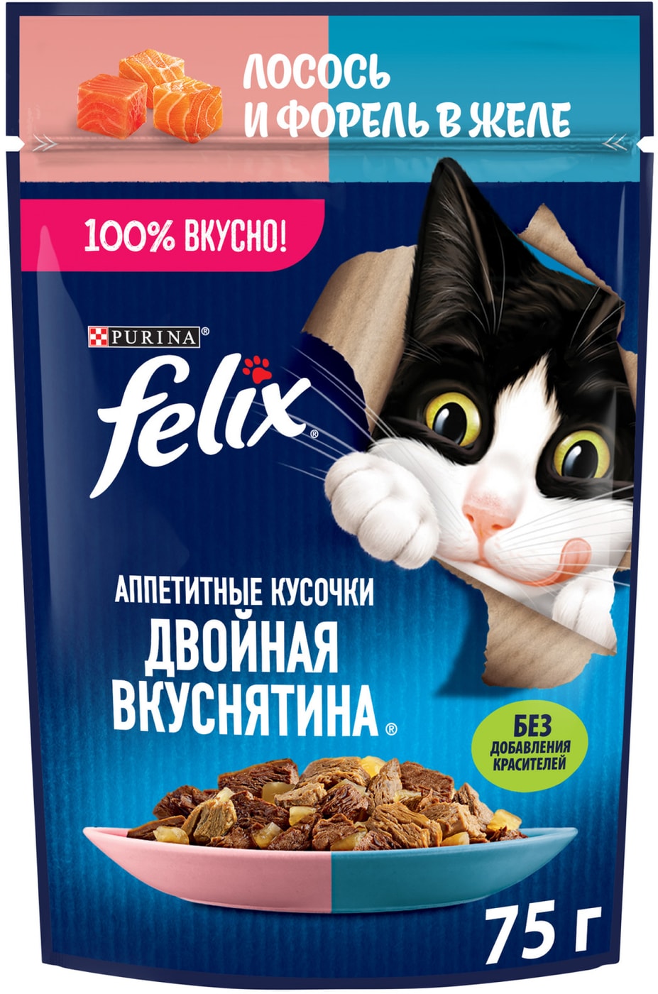 Изображение товара Влажный корм для кошек Felix Аппетитные кусочки Двойная Вкуснятина с лососем и форель в желе 75г