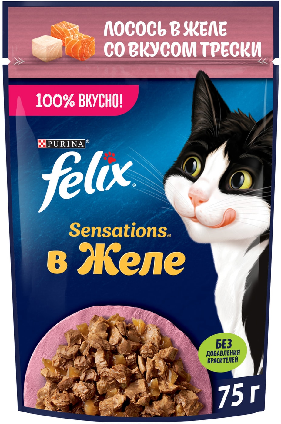 Изображение товара Влажный корм для кошек Felix Sensations с лососем в желе со вкусом трески 75г