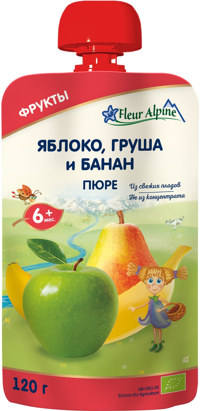Изображение товара Пюре Fleur Alpine Organic Яблоко груша и банан 120г детское питание с 6 месяцев