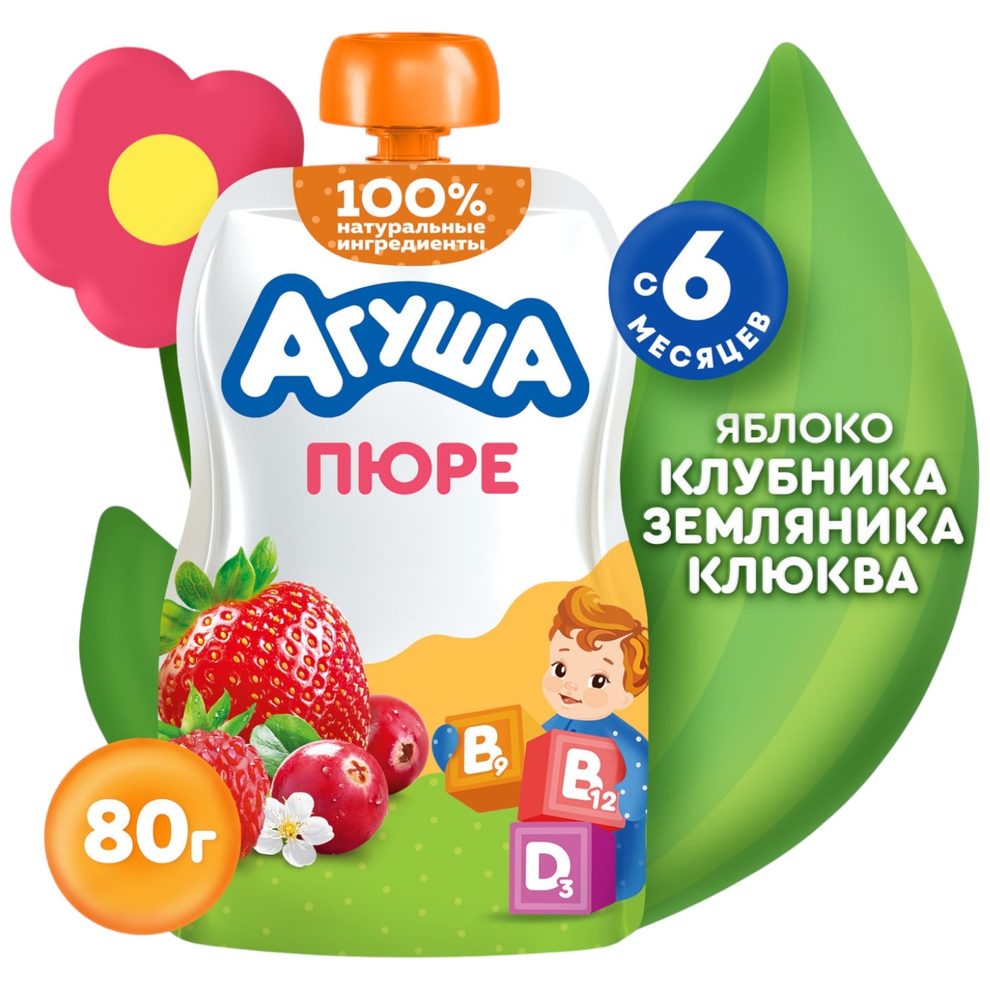 Изображение товара Пюре фруктовое Агуша Яблоко-Клубника-Земляника-Клюква 80г
