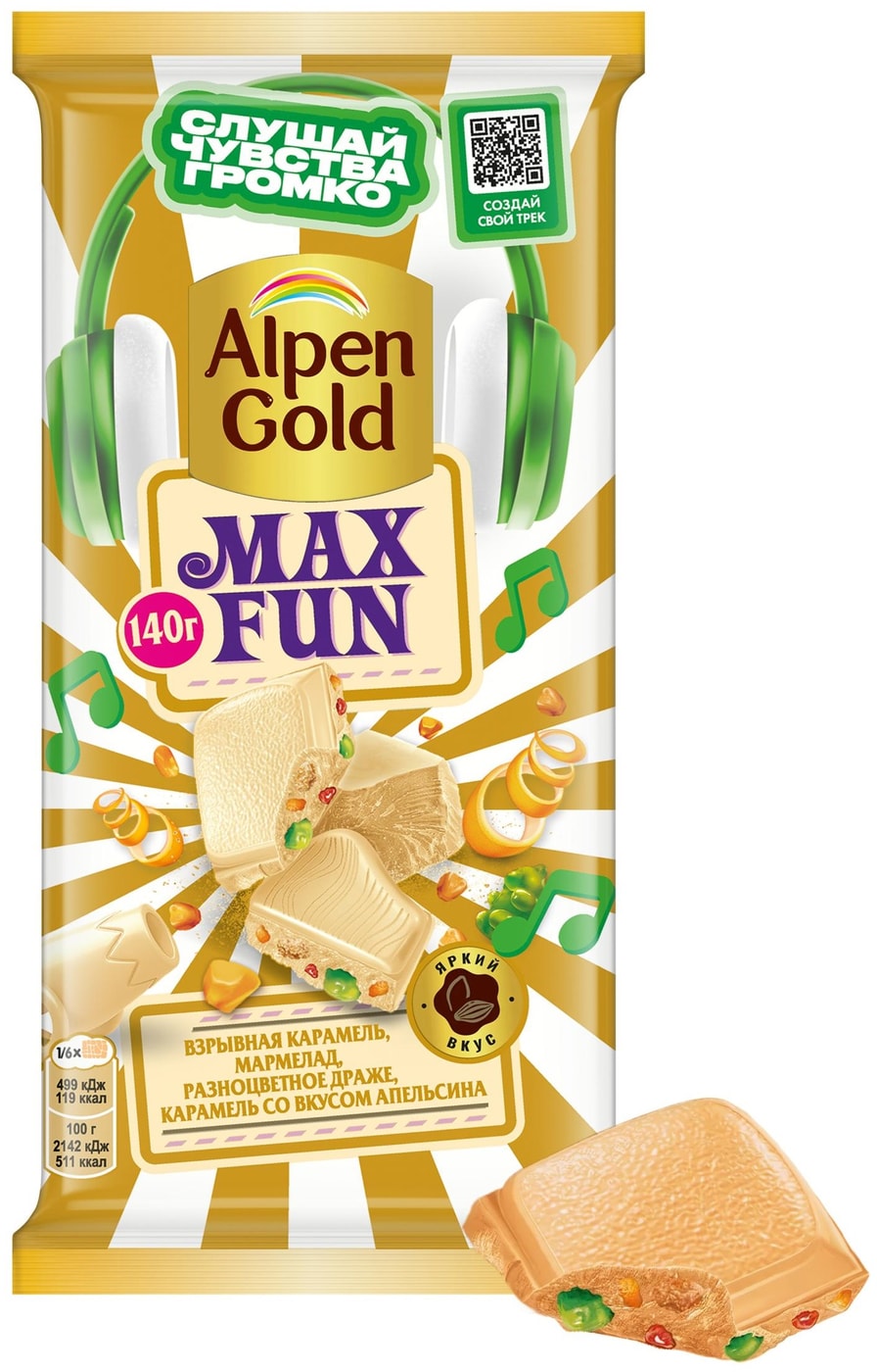 Изображение товара Шоколад Alpen Gold Белый MaxFun Взрывная карамель-Мармелад-Шоколадное драже-Карамель со вкусом апельсина 140г