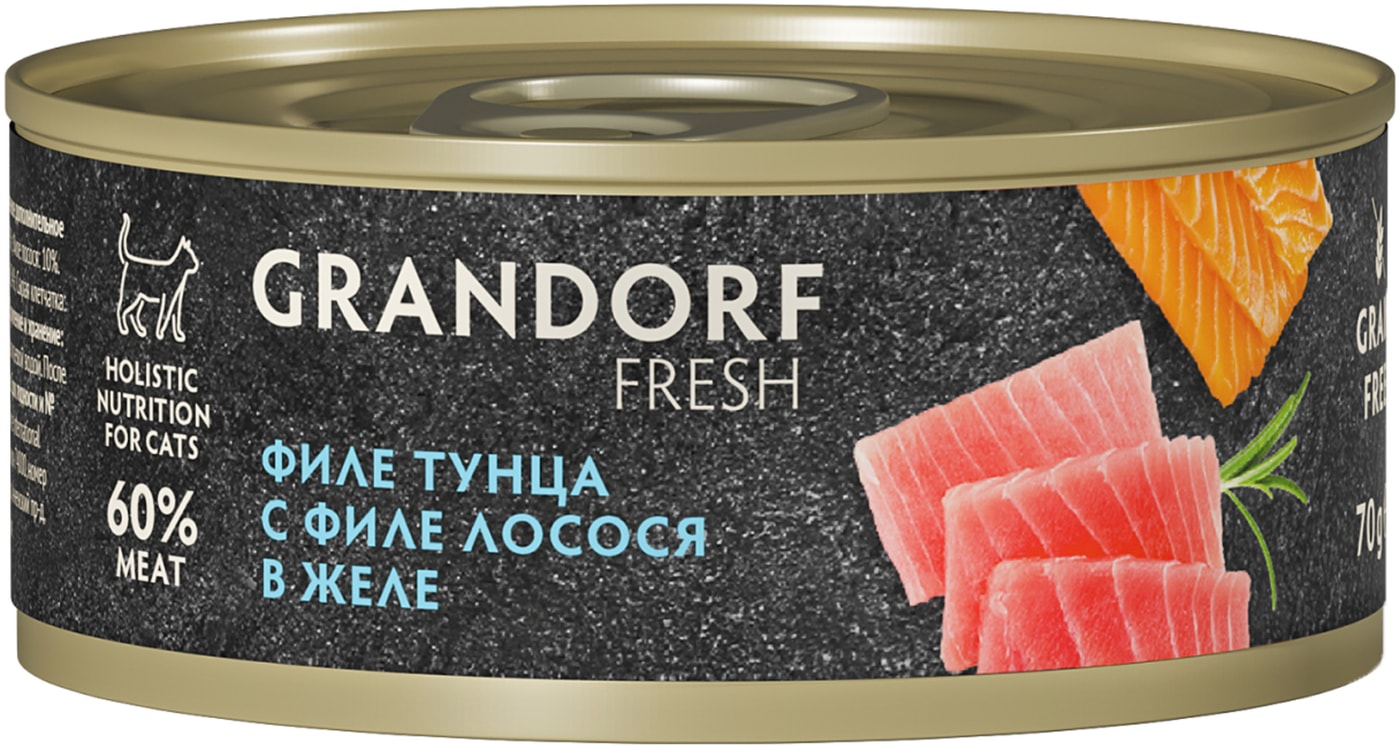Изображение товара Влажный корм для кошек Grandorf fresh Филе тунца с филе лосося в желе 70г