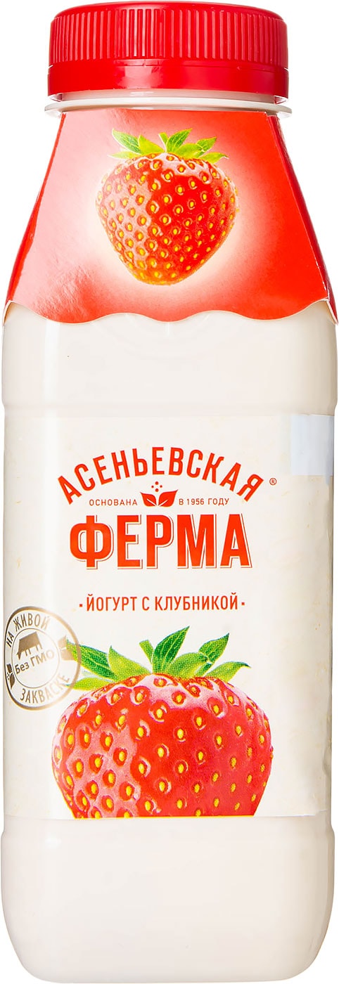 Изображение товара Йогурт питьевой Асеньевская ферма с клубникой 330 г натуральный здоровый напиток