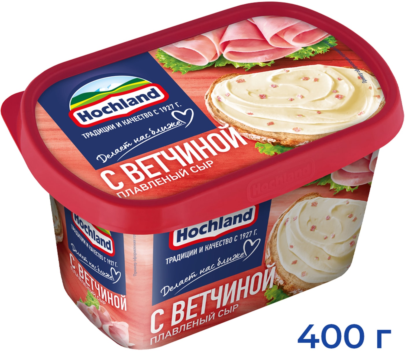 Изображение товара Плавленый сыр Hochland с ветчиной 55%, 400 г — вкусный и удобный сыр для кухни