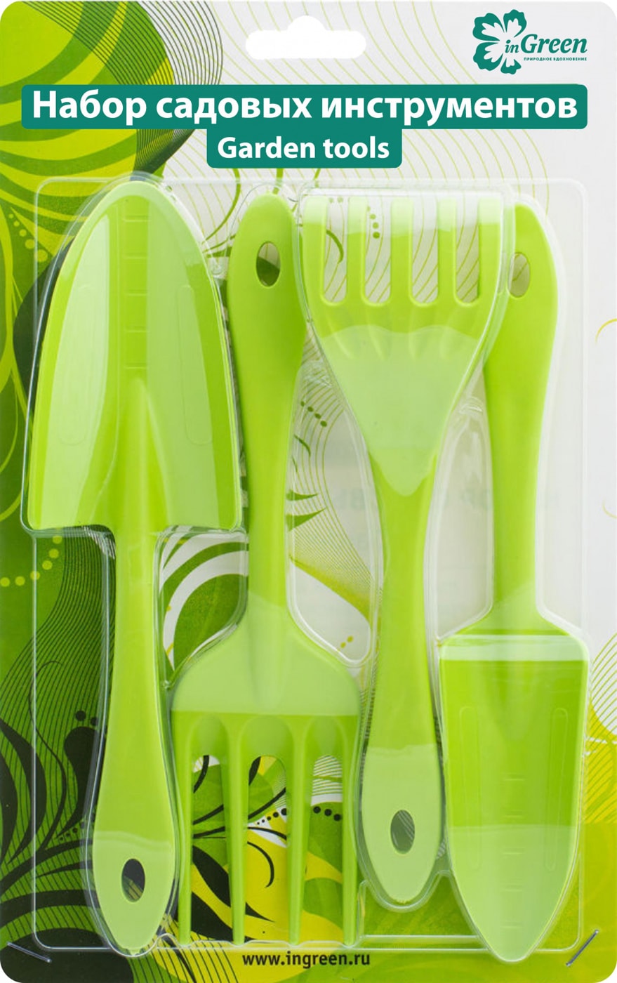 Изображение товара Набор садовых инструментов InGreen Лопатка+совок для пересадки+грабельки+вилка для рыхления салатовый