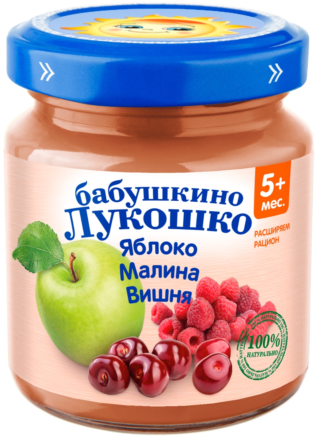 Изображение товара Пюре Бабушкино Лукошко Яблоко-Малина-Вишня с 5 месяцев 100г