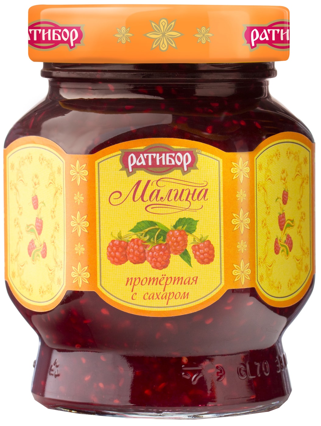 Изображение товара Малина Ратибор протертая с сахаром 365 г - ягоды в стеклянной банке