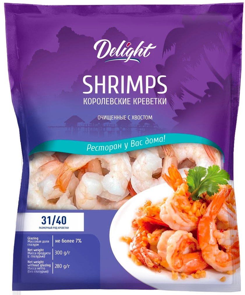 Изображение товара Креветки Delight 31/40 королевские очищенные с хвостом 280г замороженные