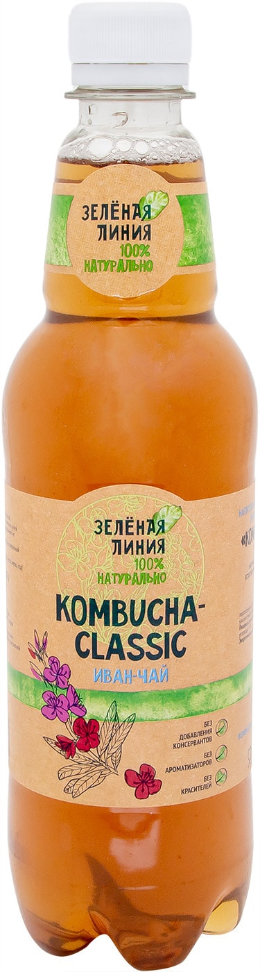 Изображение товара Чайный напиток Зеленая линия Kombucha Classic с иван-чаем 555мл