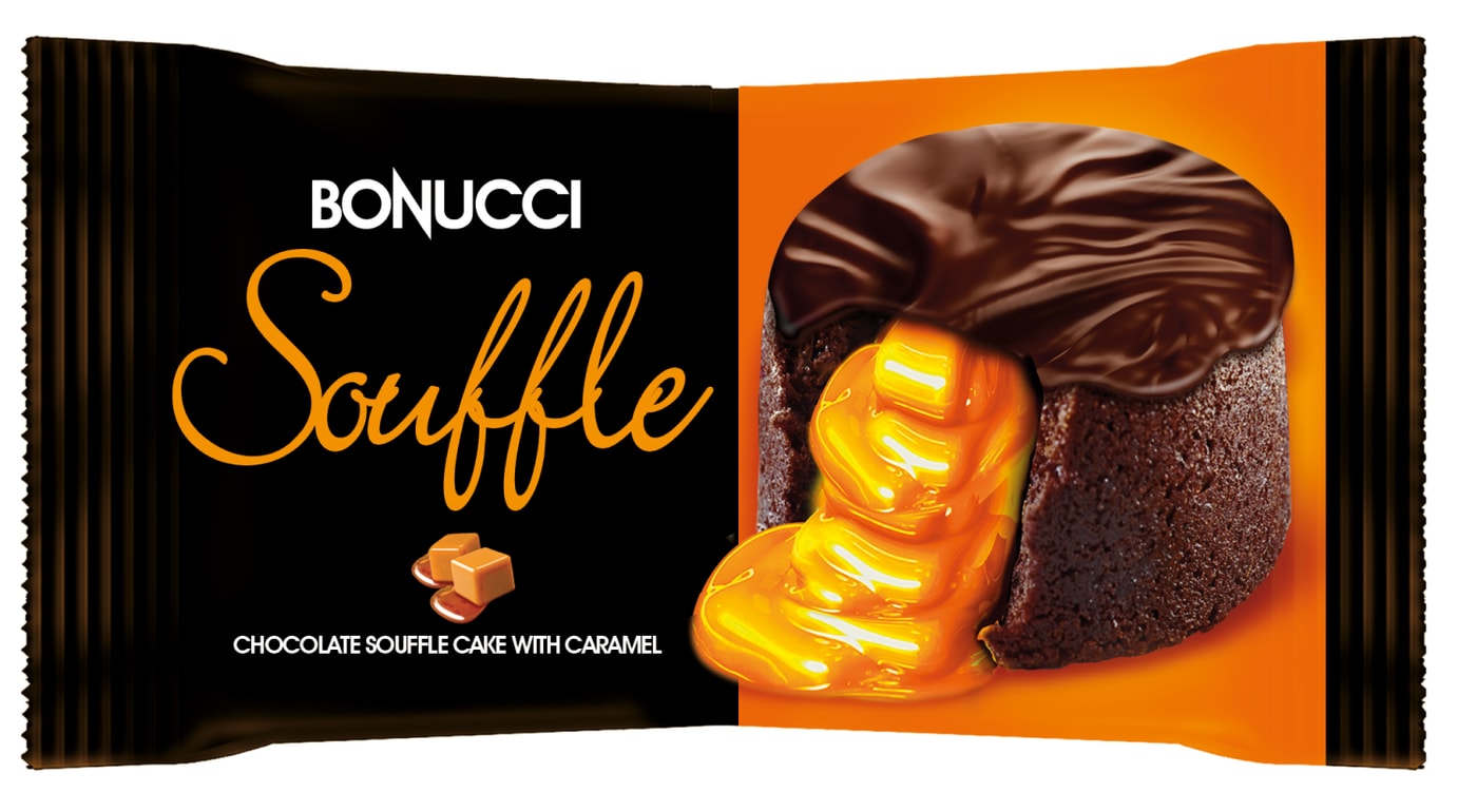 Изображение товара Пирожное Bonucci Souffle бисквитное глазированное с начинкой карамель 45г