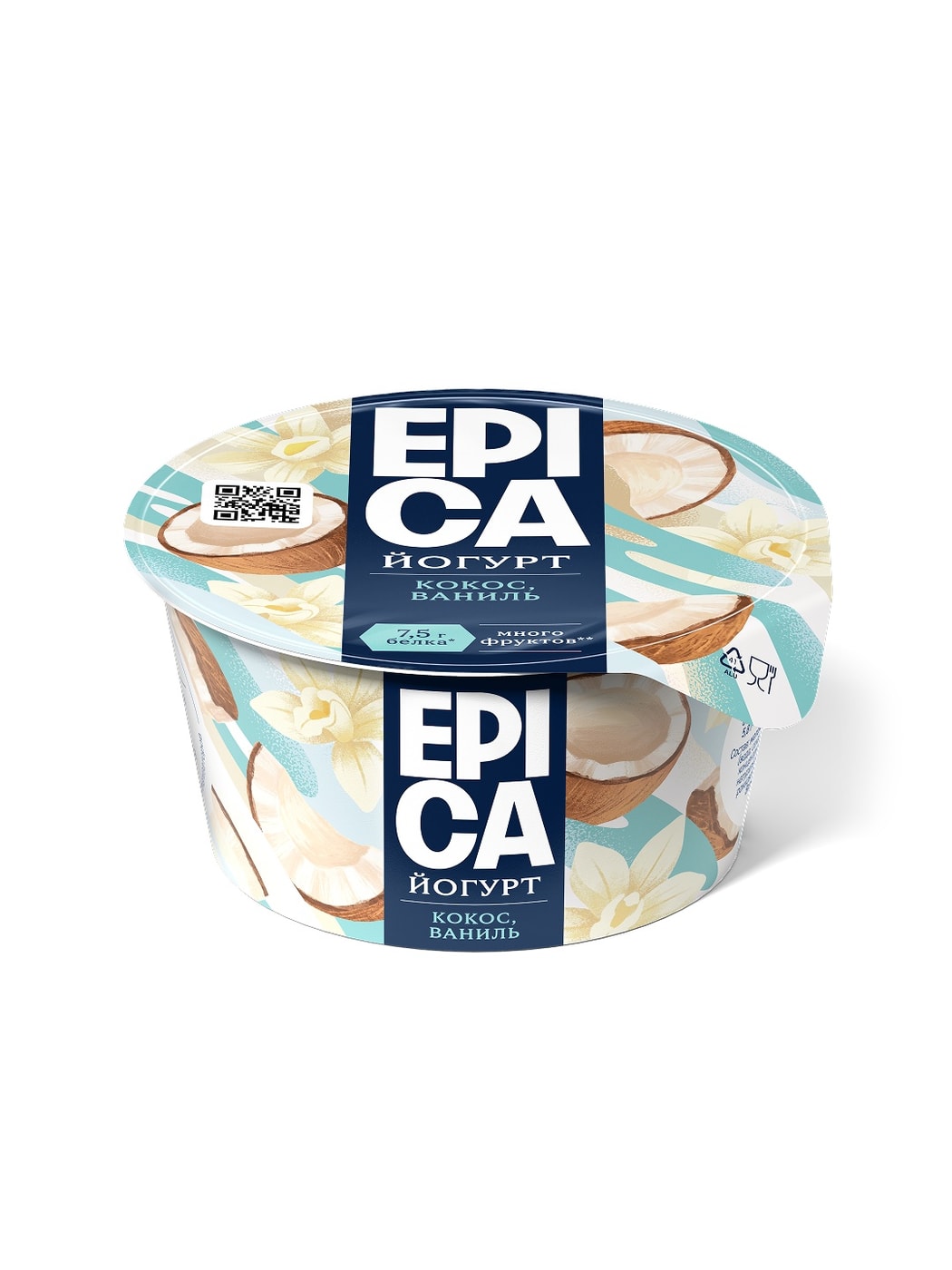 Изображение товара Йогурт Epica с кокосом и ванилью 6. 3% 130г - насыщенный и кремовый с натуральными ингредиентами