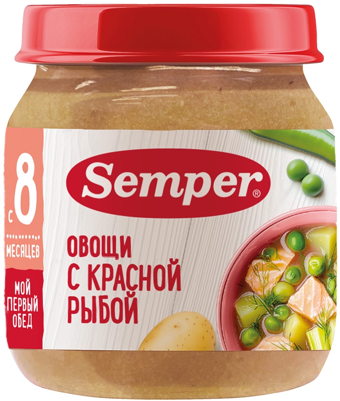Изображение товара Пюре детское Semper Мой первый обед Овощи с красной рыбой с 8 месяцев 100г