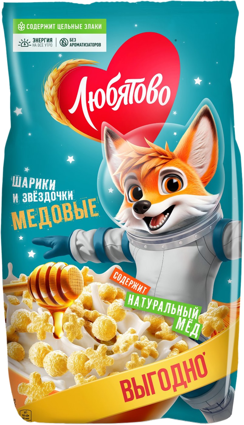 Изображение товара Сухой завтрак Любятово Медовые шарики и звездочки 420г