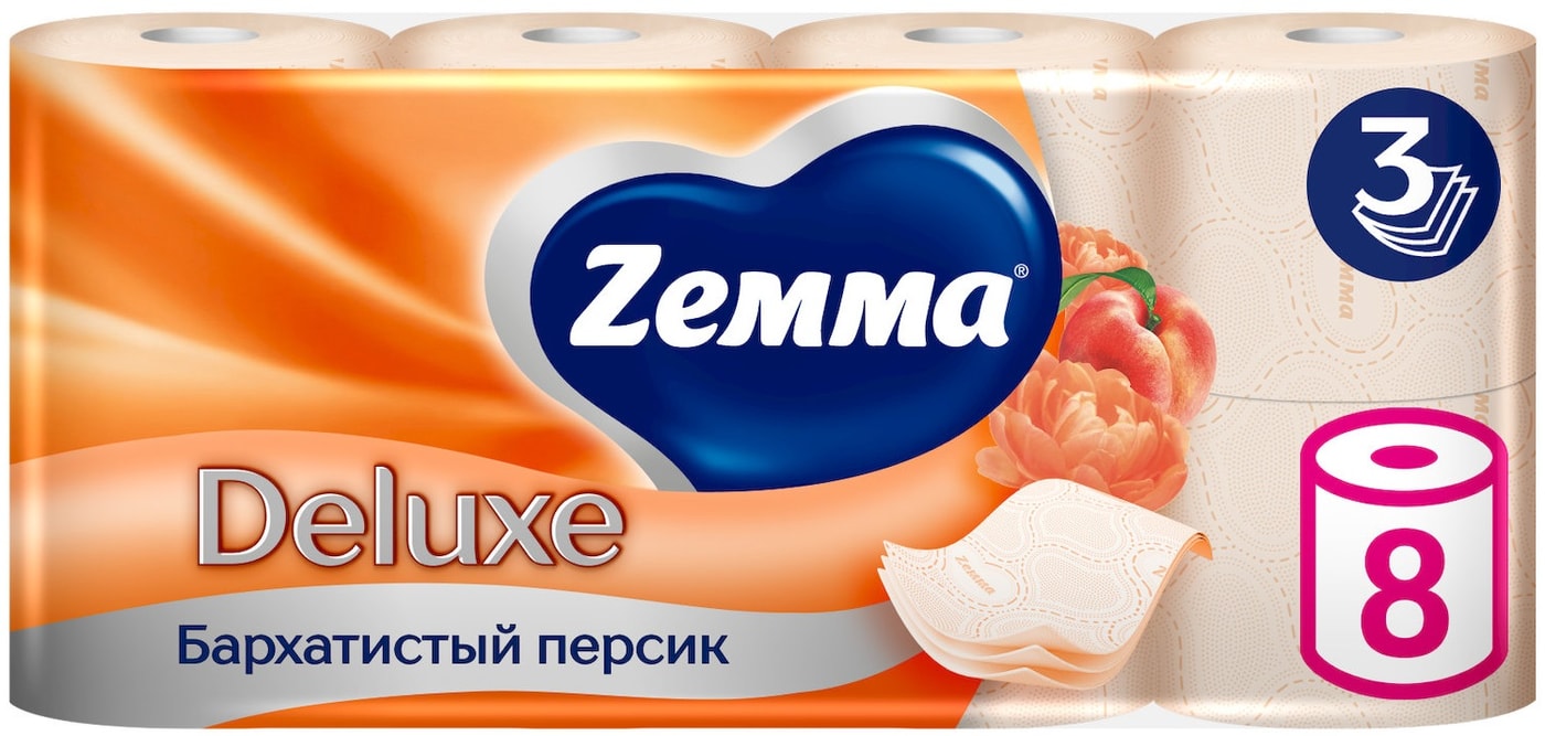 Изображение товара Туалетная бумага Zemma Deluxe Бархатистый персик 3 слоя 8 шт Изображение товара Туалетная бумага Zemma Deluxe Бархатистый персик 3 слоя 8 шт