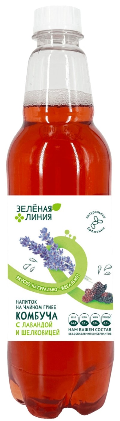 Изображение товара Напиток Зеленая линия на чайном грибе Комбуча с лавандой и шелковицей 555мл